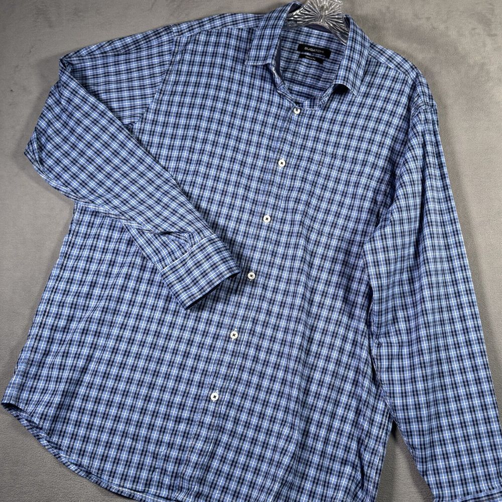 Bugatchi Shirt Mens L Blue Plaid Classic Fit Long Sleeve Button Up Flip Cuff